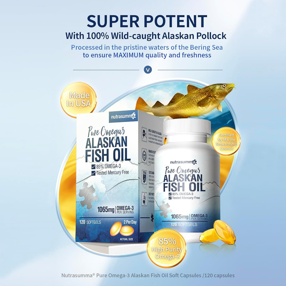 High Purified Omega 3 Supplement Wild Alaskan Fish Oil Burpless & No Fishy Taste, 650Mg Epa &270Mg Dha Of 1250Mg Fish Oil Softgels, Gluten Free, Heart, Brain& Immune Support, 60 Servings
