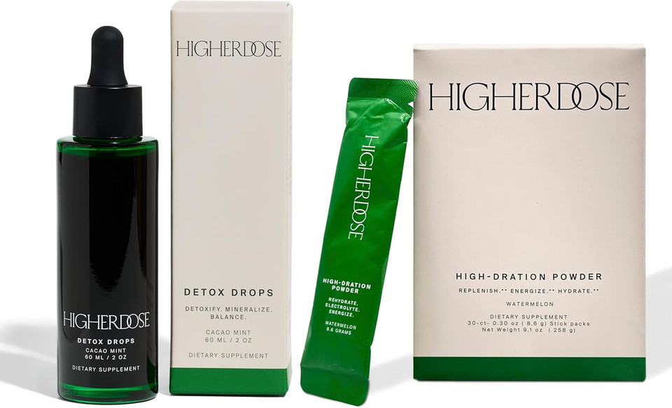 Higherdose Detox Drops And High-Dration Electrolytes Powder - Liquid Chlorophyll Water Drops To Support Daily Detox & Boost Natural Glow - Electrolytes Powder To Replenish & Energize (2 Pcs)