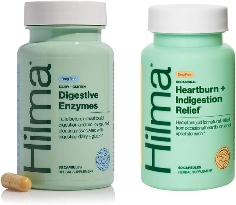 Hilma Digestion Aid Bundle - Digestive Enzymes (60 Vegan Capsules) With Dandelion Root & Turmeric + Heartburn & Indigestion Relief (50 Vegan Capsules) With Ginger, Chamomile & Marshmallow Root