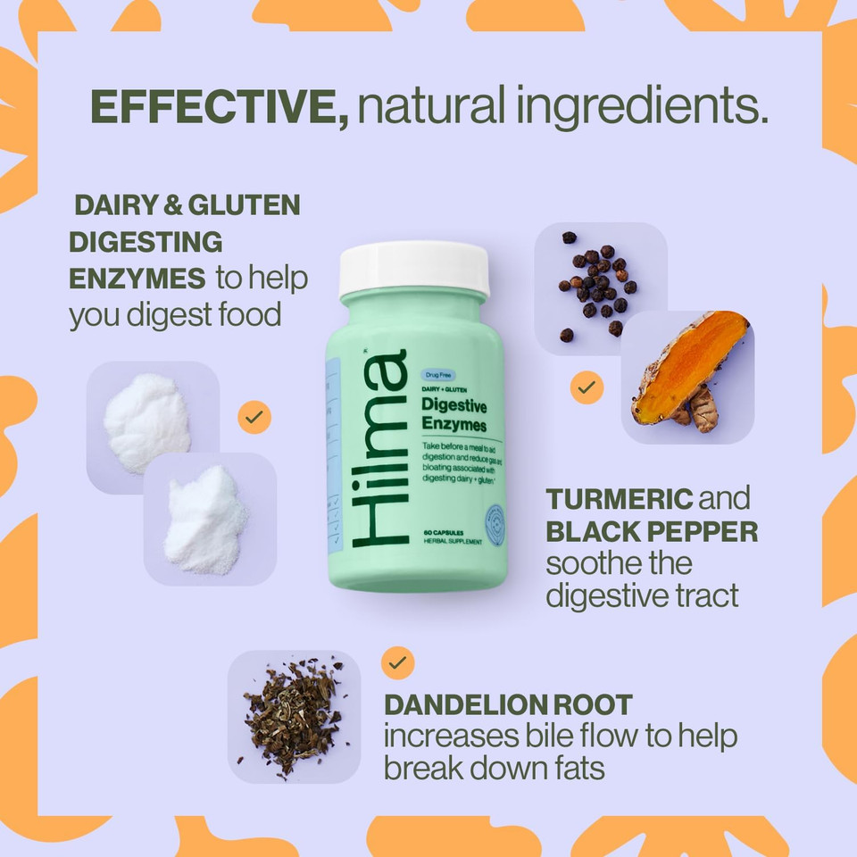 Hilma Digestion Aid Bundle - Digestive Enzymes (60 Vegan Capsules) With Dandelion Root & Turmeric + Heartburn & Indigestion Relief (50 Vegan Capsules) With Ginger, Chamomile & Marshmallow Root