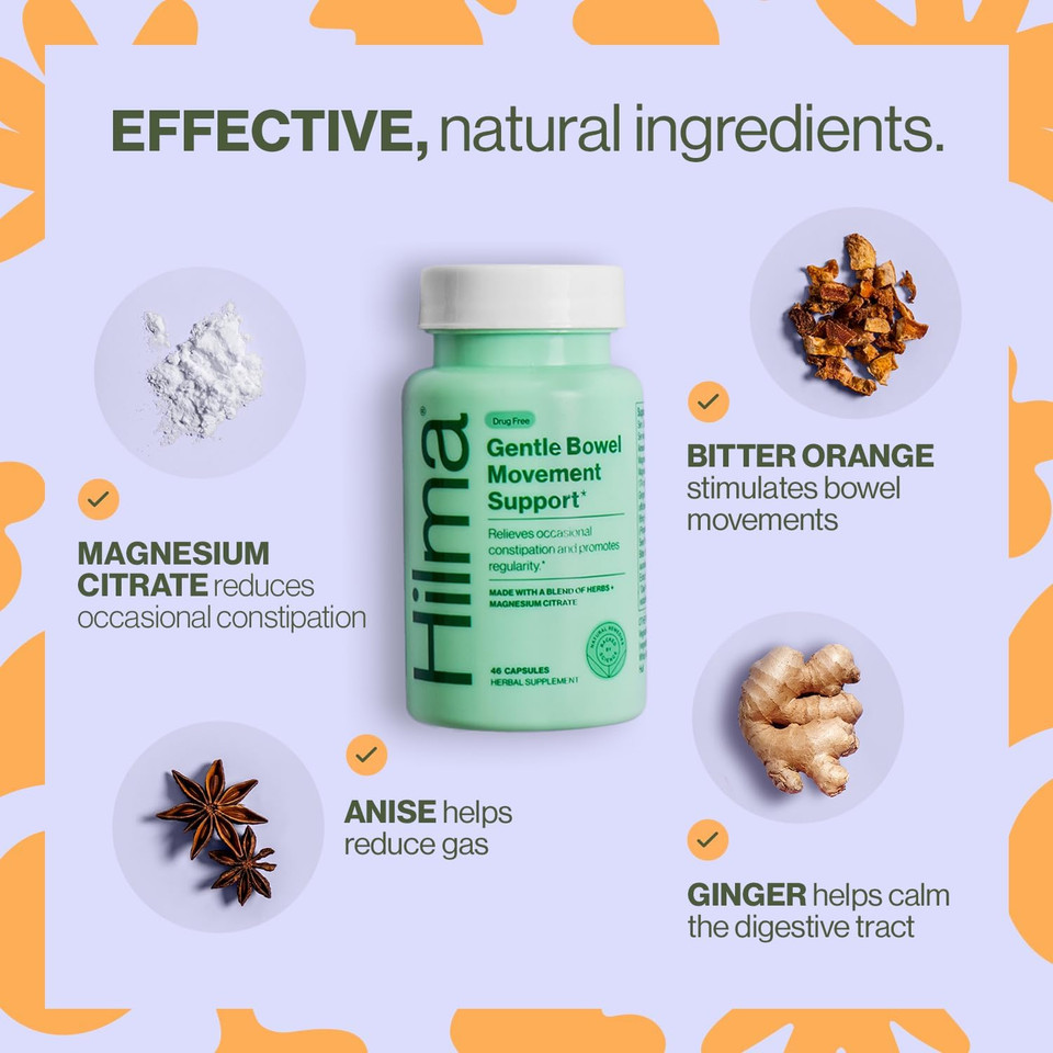 Hilma Gentle Bowel, Occasional Constipation Relief With Magnesium Citrate, Natural And Gentle Laxatives For Constipation W/Magnesium Citrate, Ginger, Anise And Bitter Orange, 46 Vegan Capsules