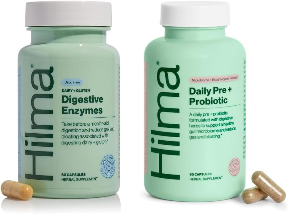 Hilma Gut Health & Digestive Bundle - Digestive Enzymes (60 Vegan Capsules) W/Dandelion Root & Turmeric For Dairy/Gluten Relief + Daily Pre & Probiotic (60 Vegan Capsules) W/Herbs For A Healthy Gut