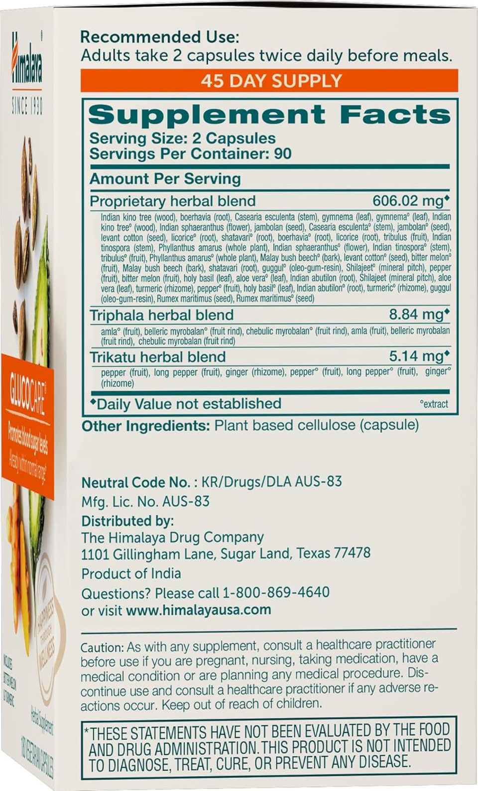 Himalaya Glucocare Herbal Supplement, Metabolism Support, Pancreatic Support, Triphala, Bitter Melon, Turmeric, Gluten Free, Vegan, 180 Capsules, 45 Day Supply