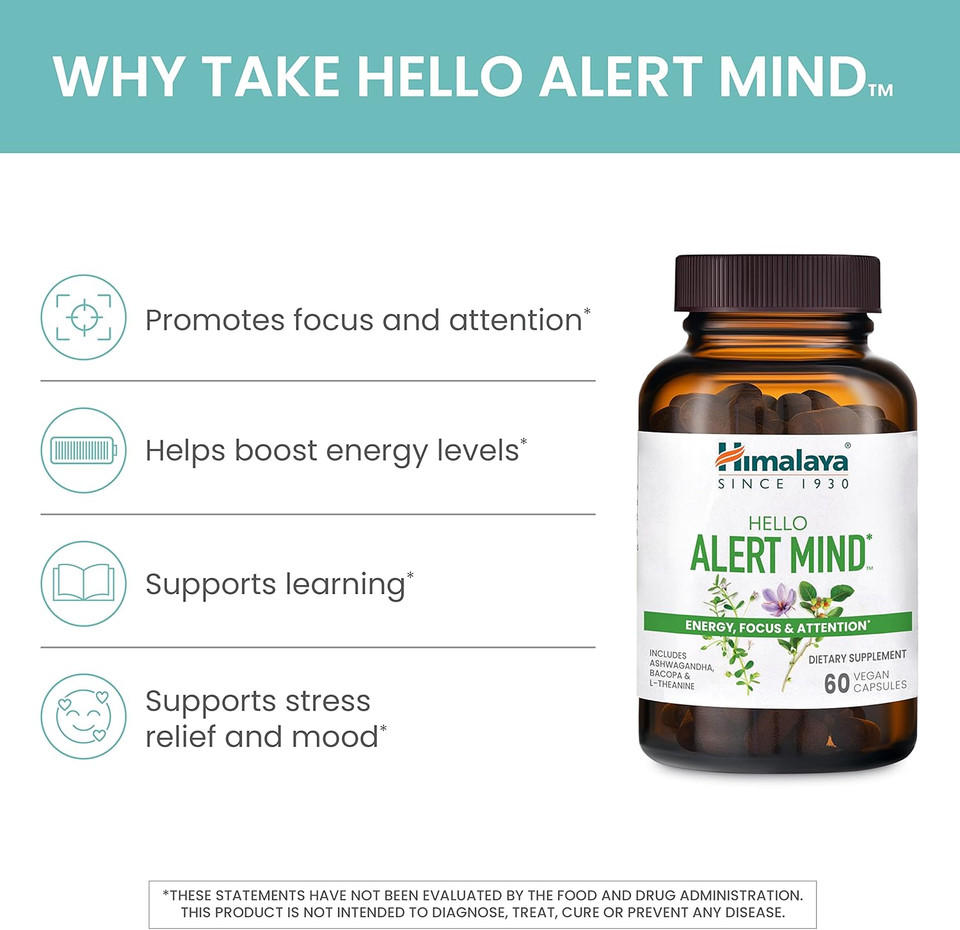 Himalaya Hello Alert Mind With L-Theanine, Ashwagandha, Bacopa, Vitamin B6 & B12, For Energy, Focus & Attention, Vegan, Gluten Free, 60 Capsules