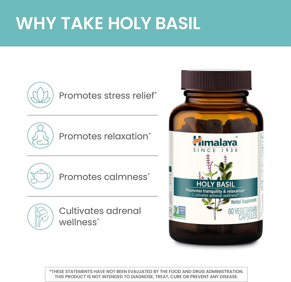 Himalaya Holy Basil, 30 Day Supply - Herbal Adrenal Support For Stress Relief, Relaxation, Energy Support And Occasional Sleeplessness - Vegan, Non-Gmo, Gluten Free, 720 Mg, 60 Capsules