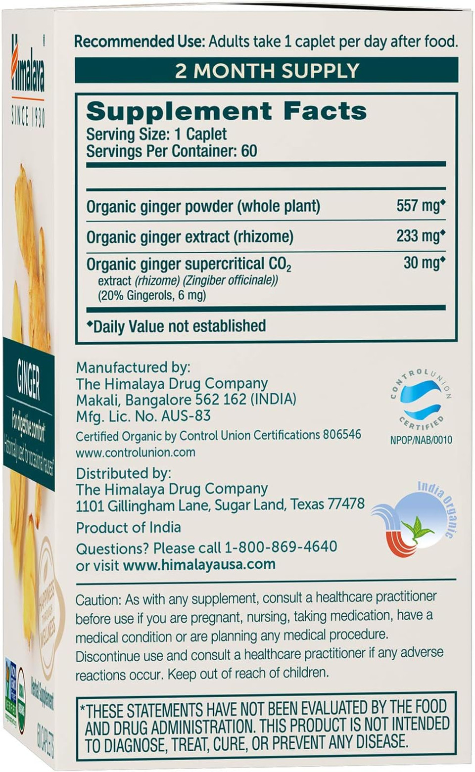 Himalaya Organic Ginger, 60 Day Supply - Digestive Health Supplement For Nausea, Upset Stomach Relief, And Occasional Bloating And Heartburn - Usda Organic, Vegan, Non-Gmo, Gluten Free, 60 Caplets