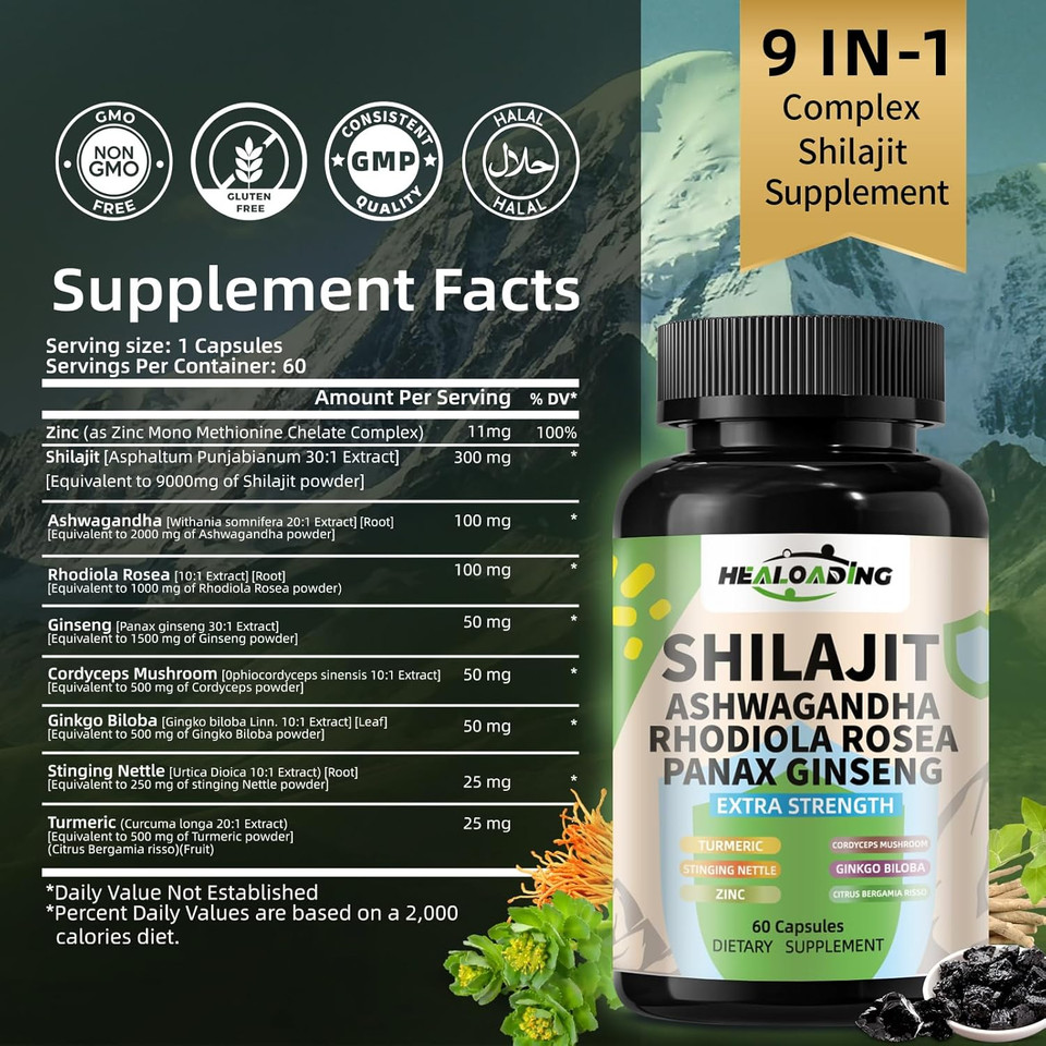 Himalayan Shilajit Capsules For Men & Women, Shilajit 9000Mg Ashwagandha 2000Mg Ginseng 1500Mg Rhodiola Rosea 1000Mg Cordyceps Mushroom 500Mg Ginkgo Biloba 500Mg Turmeric 500Mg