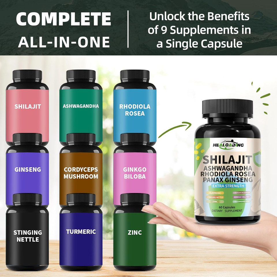 Himalayan Shilajit Capsules For Men & Women, Shilajit 9000Mg Ashwagandha 2000Mg Ginseng 1500Mg Rhodiola Rosea 1000Mg Cordyceps Mushroom 500Mg Ginkgo Biloba 500Mg Turmeric 500Mg