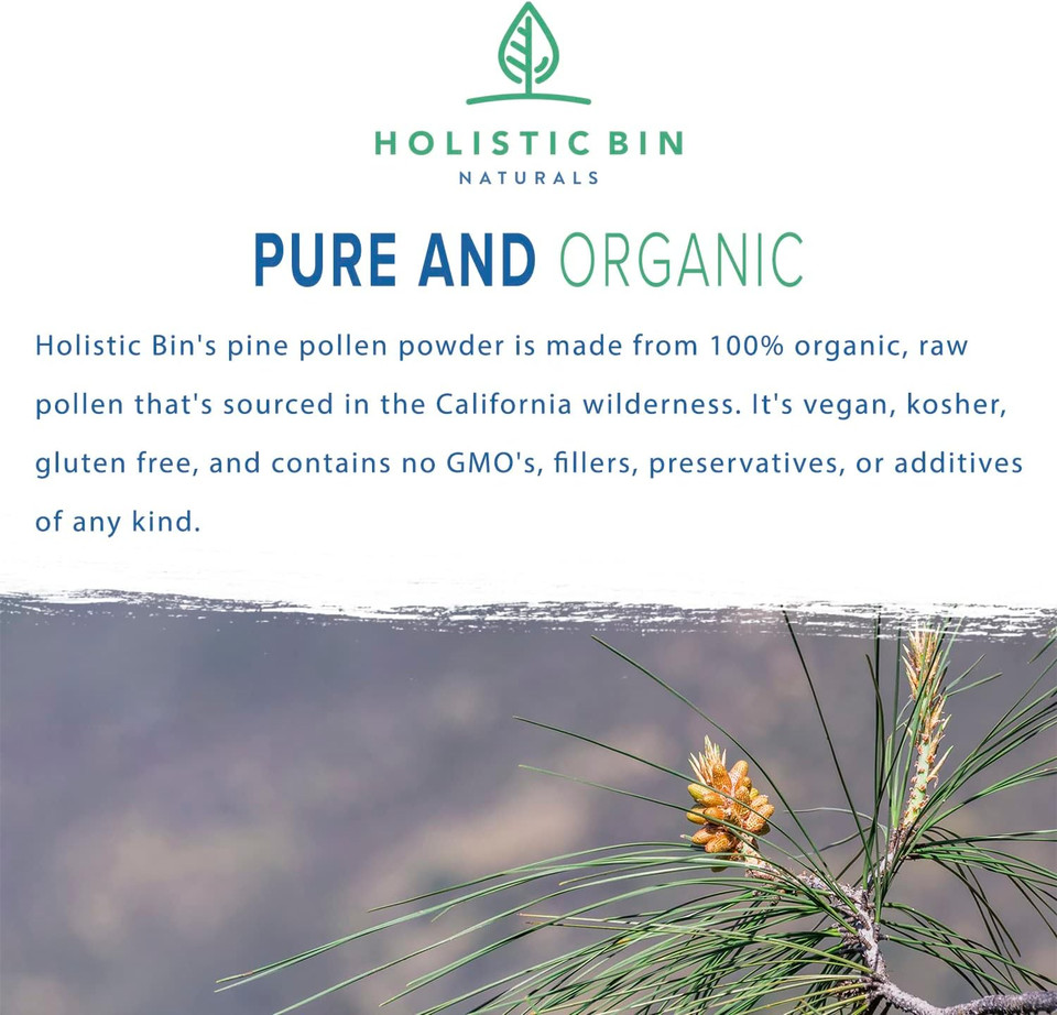 Holistic Bin Organic Pine Pollen Powder Pharmaceutical Grade, Wild Harvested, Golden California Pine Pollen | Non Gmo, No Additives | Pure Pollen Supplement Made From The Ghost Pine Tree, 20 G