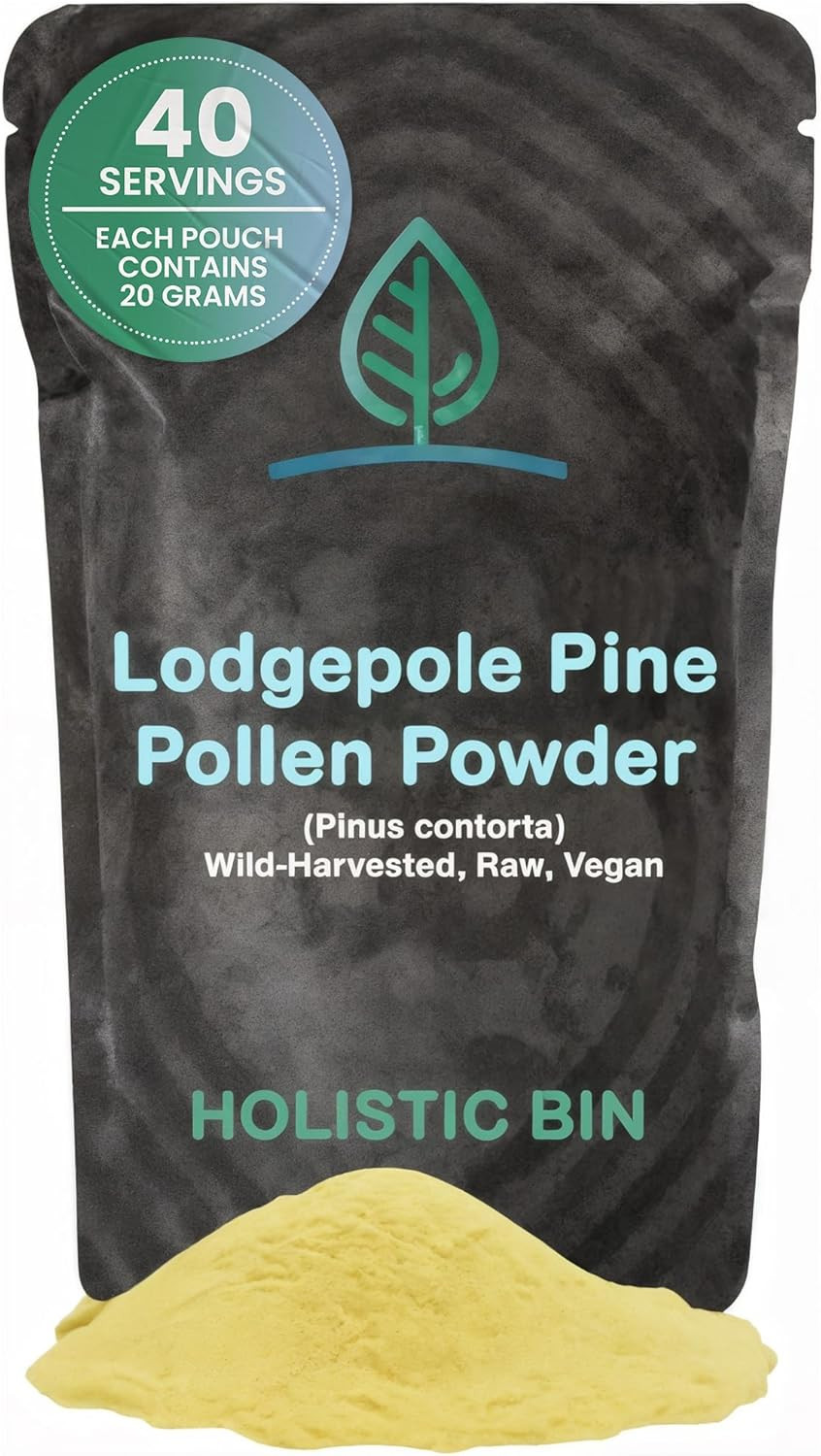 Holistic Bin Organic Pine Pollen Powder Pharmaceutical Grade, Wild Harvested, Golden Canadian Pine Pollen | Non Gmo, No Additives | Pure Pollen Supplement Made From The Lodgepole Pine Tree, 20 G