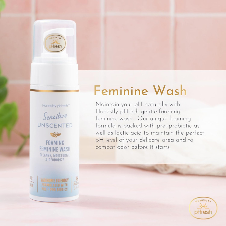 Honestly Phresh Foaming Feminine Wash For Women  Ph Balanced Natural Intimate Cleanser With Prebiotics & Probiotics. Vegan, Sensitive Skin Safe. Made In Usa - Unscented, 5 Oz