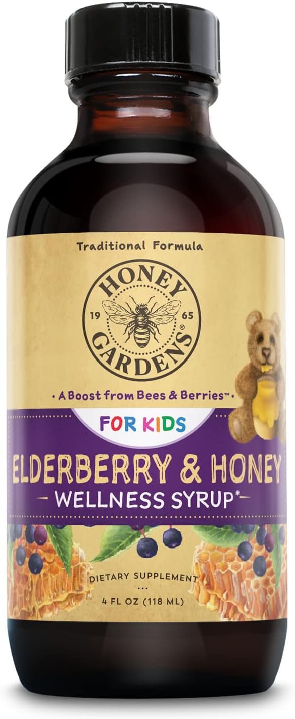 Honey Gardens Elderberry Syrup For Kids With Honey, Kids Elderberry Syrup, 6.4 Mg Of Elderberry Honey Syrup With Organic Raw Honey, Organic Echinacea Purpurea And Elderflower, 24 Servings, 4 Fl. Oz