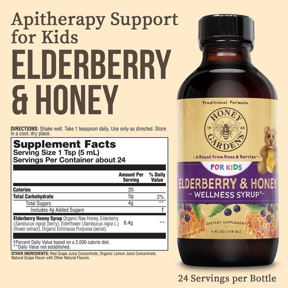 Honey Gardens Elderberry Syrup For Kids With Honey, Kids Elderberry Syrup, 6.4 Mg Of Elderberry Honey Syrup With Organic Raw Honey, Organic Echinacea Purpurea And Elderflower, 24 Servings, 4 Fl. Oz