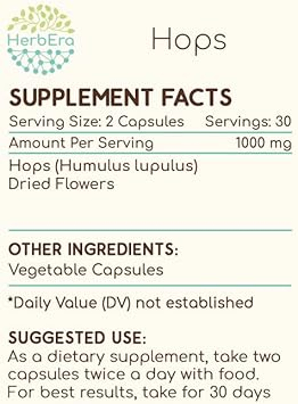 Hops 120 Capsules, 500 Mg, Hops (Humulus Lupulus) Dried Flower (120 Capsules)