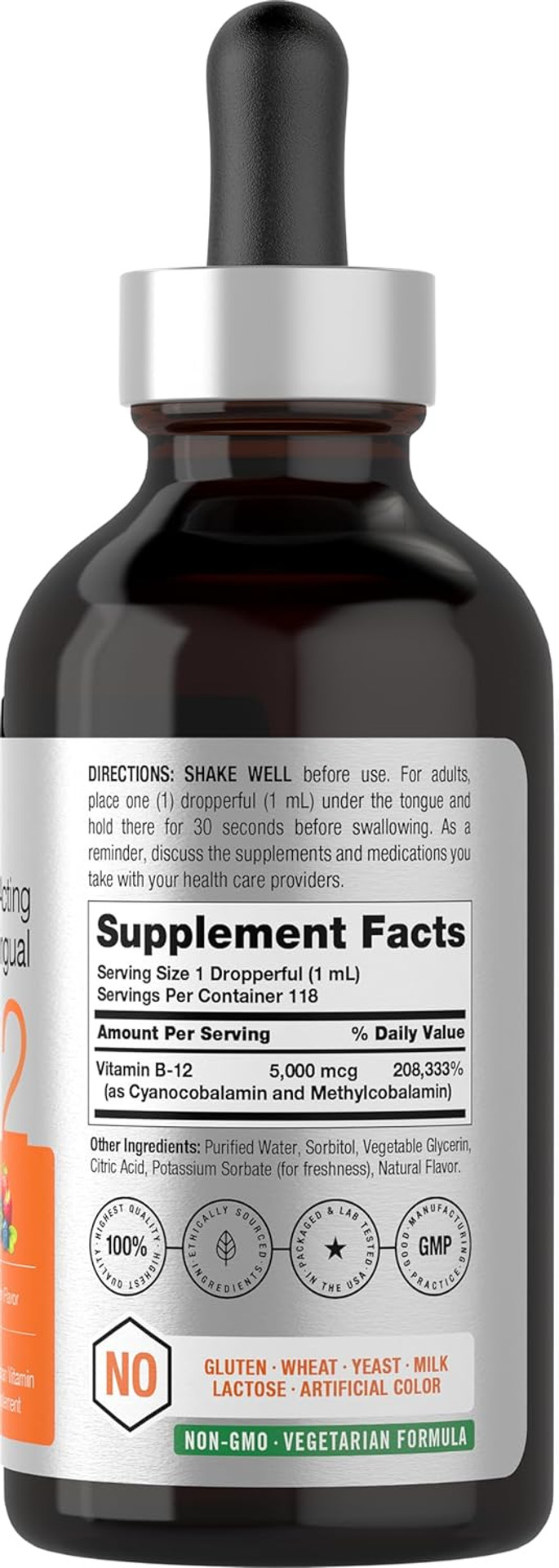 Horbaach B12 Vitamin 5000 Mcg Sublingual | 4 Fl Oz | As Methylcobalamin And Cyanocobalamin | Liquid Vegetarian Drops | Berry Flavor | Non-Gmo & Gluten Free Supplement