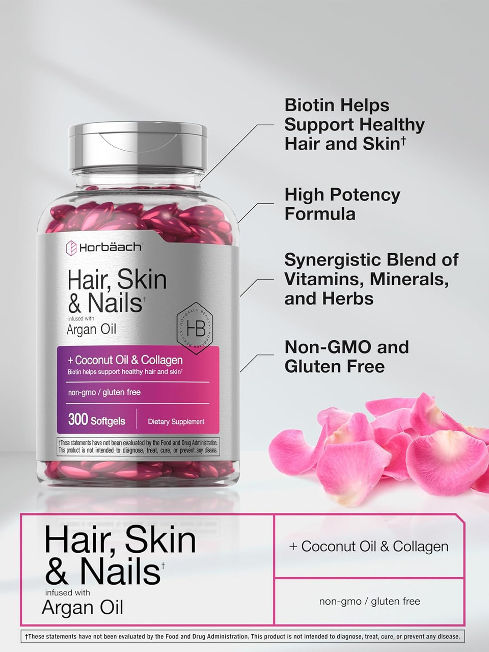 Horbäach Hair Skin And Nails Vitamins | 300 Softgels | With Biotin And Collagen | Infused With Argan Oil And Coconut Oil | Non-Gmo, Gluten Free Supplement