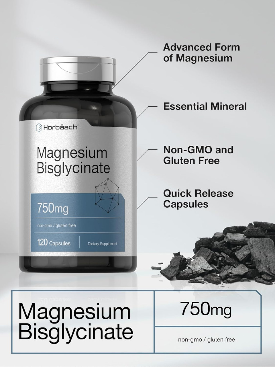 Horbäach Magnesium Bisglycinate | 120 Capsules | 750Mg | Non-Gmo And Gluten Free Supplement