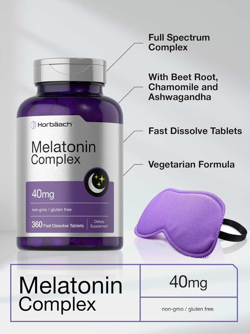 Horbäach Melatonin 40Mg Complex | 360 Fast Dissolve Tablets | Adult Extra Strength Supplement | With Chamomile And Ashwagandha | Vegetarian, Non-Gmo, Gluten Free