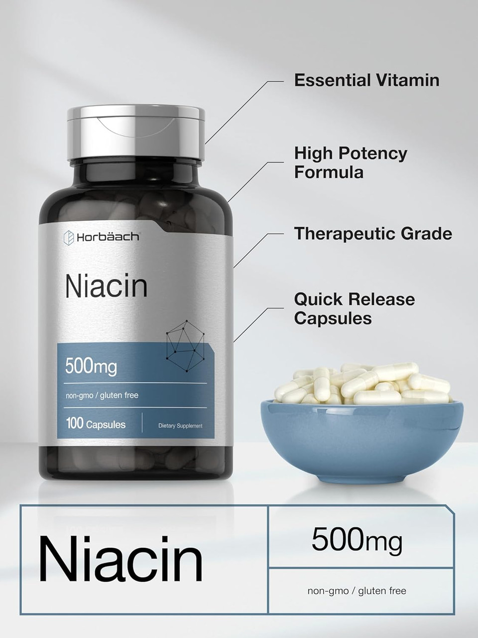 Horbäach Niacin | Vitamin B3 500Mg | 100 Capsules | With Flushing | Non-Gmo, And Gluten Free Supplement