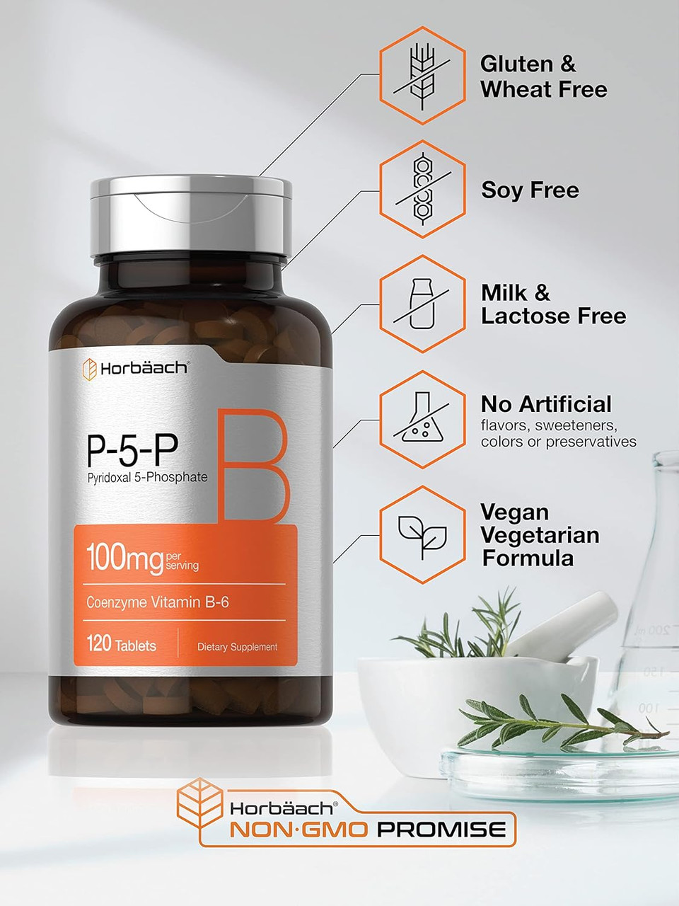 Horbäach P5P Activated Vitamin B6 100Mg | 120 Tablets | Vegetarian Supplement, Non-Gmo, Gluten Free | Pyridoxal 5 Phosphate | Coenzyme B6