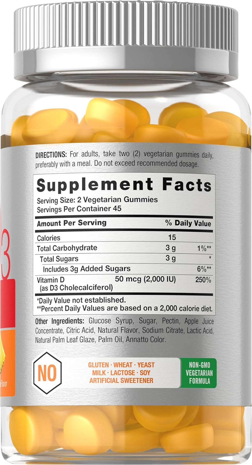 Horbäach Vitamin D3 2000Iu Gummies | 90 Count | Vegetarian | Pineapple Flavor | 50 Mcg | Non-Gmo, Gluten Free Vitamin D Supplement