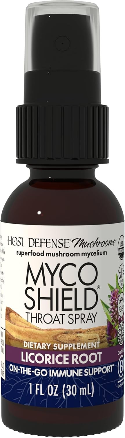 Host Defense Mycoshield Throat Spray - Immune Health Support - Dietary Mushroom Supplement With Chaga, Reishi, Turkey Tail & More - On-The-Go Immune Support - Licorice Root, 1 Fl Oz (71 Servings)