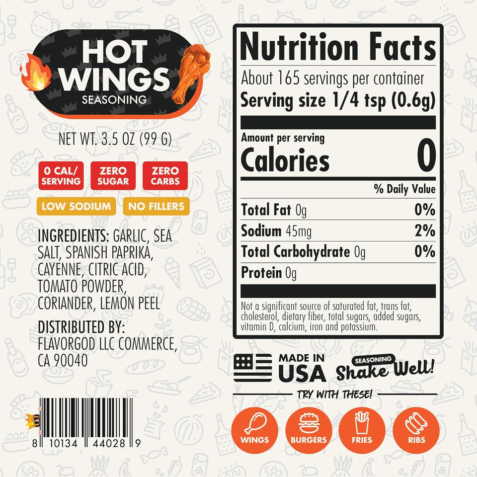 Hot Wings Seasoning Mix, 2 Bottles By Flavor God - Premium All Natural & Healthy Spice Blend For Chicken Wings & Eggs - Kosher, Low Sodium, Vegan & Gluten-Free - Great Flavor Spices And Seasoning Gift