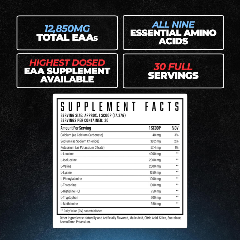 Huge Eaa Supplement, Highest Dosed Essential Amino Acids Powder, 12.85G Eaas & 8G Bcaas Per Serving, Maximize Muscle Growth, Recovery & Performance (Watermelon Lemonade, 17.73 Oz.)