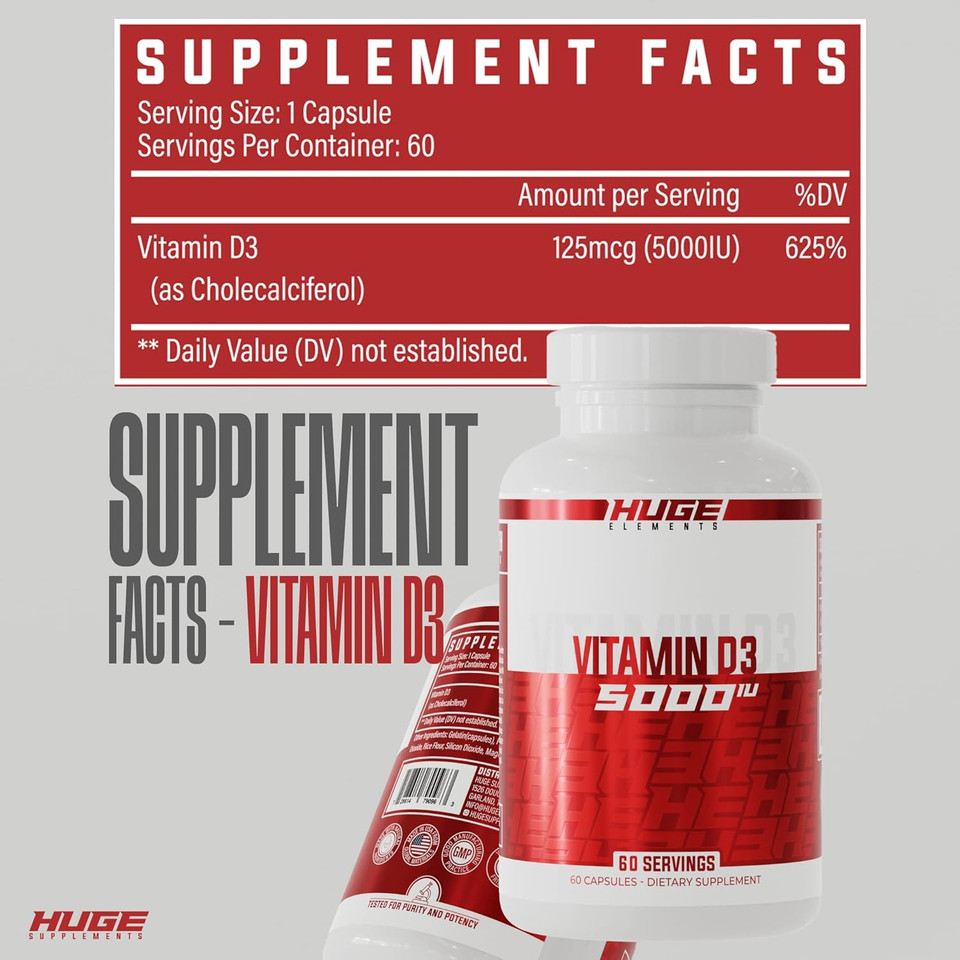 Huge Supplements Vitamin D3, 5000 Iu (125Mcg) Per Serving, Non-Gmo, Gluten-Free, Soy-Free - Supports Immune System, Bone Health, And Mood (60 Capsules)