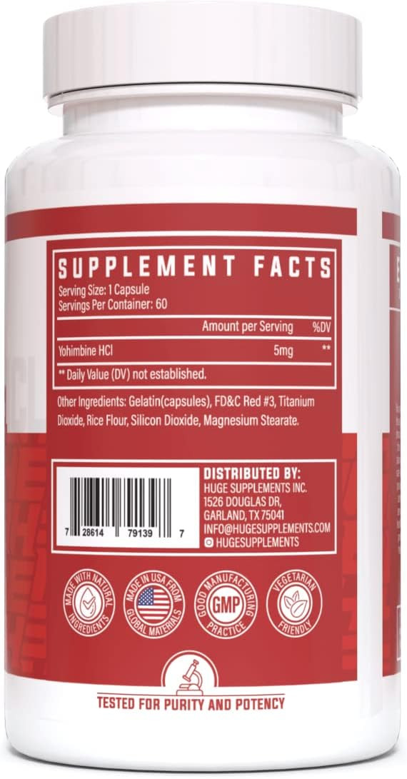 Huge Supplements Yohimbine Hcl, Body Recomposition, Advanced Energy & Performance Formula, 5Mg Per Serving (60 Capsules)