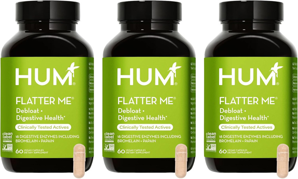 Hum Flatter Me Digestive Enzymes Bloating Supplement - Fast-Acting Bloat Relief For Digestive Health & Debloating Multi Enzyme | Bloat Pills, Anti Bloat Pills, Vegan 60 Servings