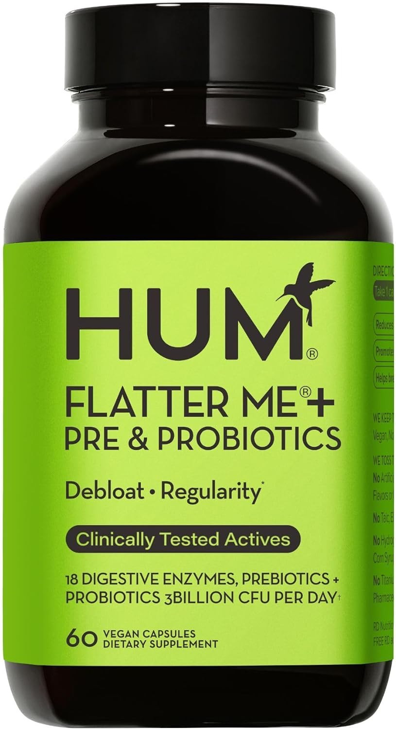 Hum Flatter Me Digestive Enzymes With Probiotics & Prebiotics - Fast-Acting Bloat Relief, Digestive Health And Regularity, Vegan Formula 60 Servings