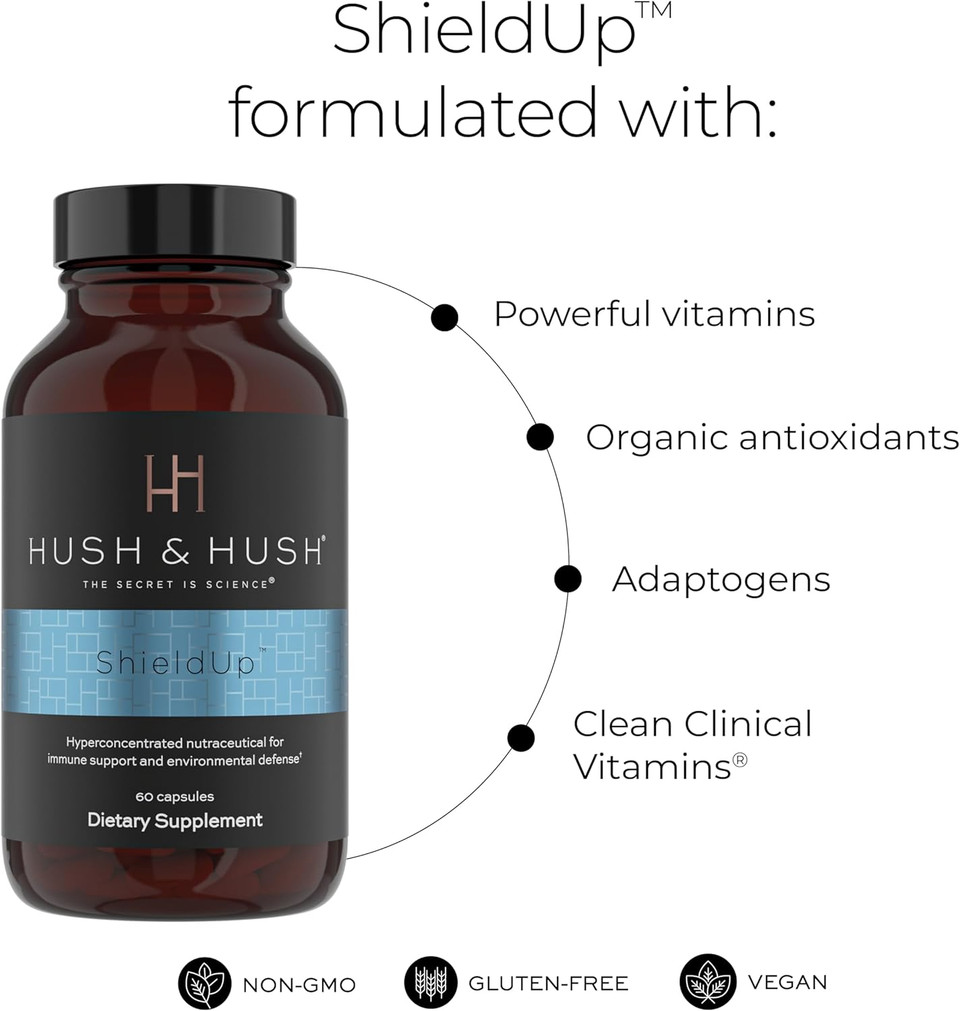Hush & Hush Shieldup - Immune Booster Energy Supplement - Brain Booster - Vitamin C, Maca Root, Turmeric And Organic Matcha Leaf Extract - Vegan, Gluten Free - 60 Capsules