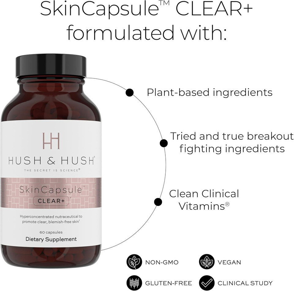 Hush & Hush Skincapsule Clear+, Skin Care Supplement, Vegan, Acne Treatment For Face, Clean Nutraceuticals Supplements That Contains Vitamin A, Turmeric, Dandelion Root, Zinc - 60 Capsules