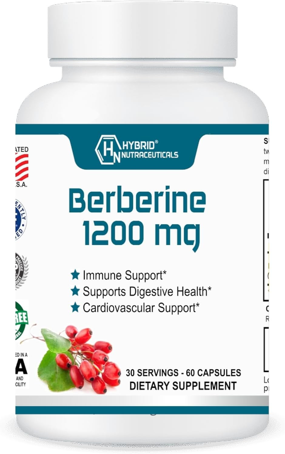 Hybrid Nutraceuticals Berberine 1200Mg - Concentrated Berberine Hcl Formula - Immune Support, Digestive Support - Gluten-Free 60 Capsules
