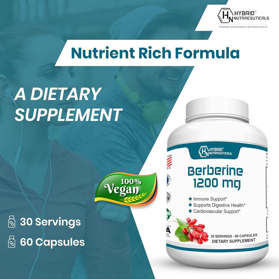 Hybrid Nutraceuticals Berberine 1200Mg - Concentrated Berberine Hcl Formula - Immune Support, Digestive Support - Gluten-Free 60 Capsules