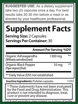 Hybrid Nutraceuticals Organic Ashwagandha Root Powder Capsules 1300Mg, With Black Pepper Extract - Stress And Immune Support - 60 Capsules
