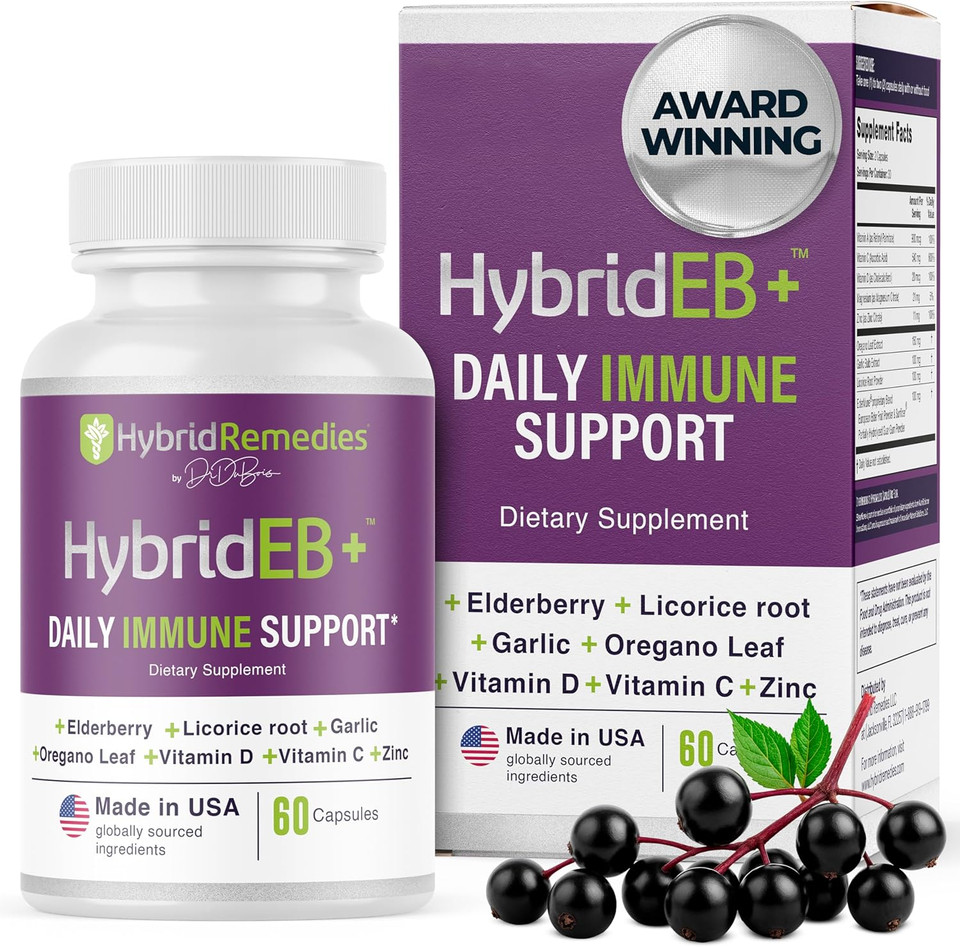 Hybrideb Sambucus Elderberry Immune Support With Vitamin C, Zinc, Vitamin D3 - Antioxidant & Immunity Supplement, 1 Month Supply - 9 In 1 Black Elderberry Kids And Adults - 60 Capsules