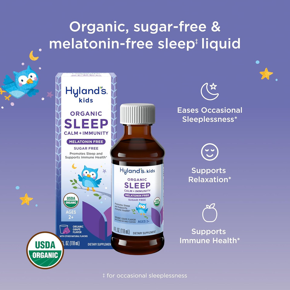 Hyland'S Kids Melatonin-Free Organic Sleep Calm & Immunity Liquid, Sugar-Free With Magnesium, Vitamin D, Zinc & Elderberry, Promotes Sleep & Supports Immune Health, Ages 2+, Grape Flavor, 4 Fl. Oz