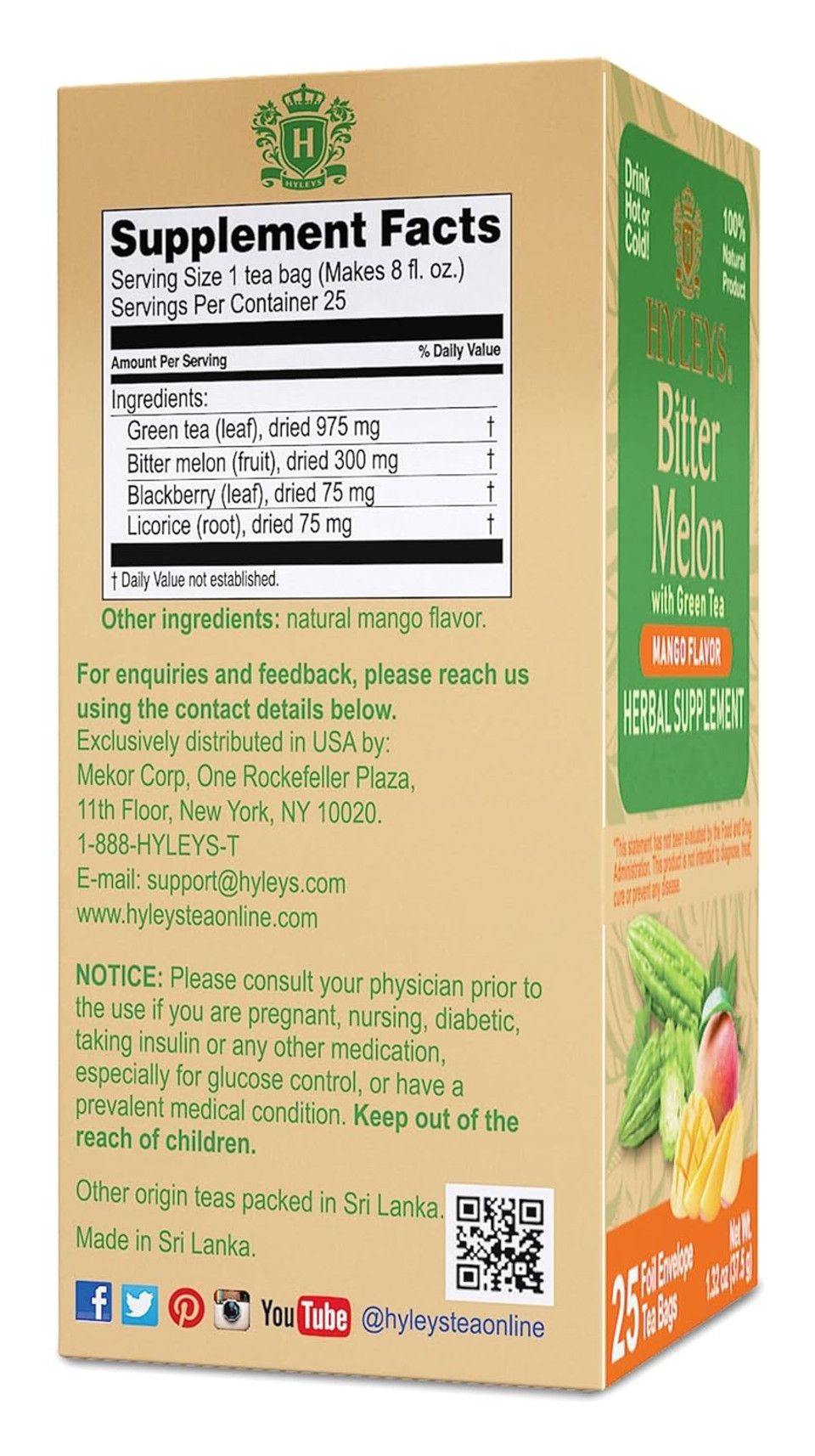 Hyleys Bitter Melon With Green Tea - Mango Flavor - 25 Tea Bags - Supports Healthy Liver Function - Herbal Supplement