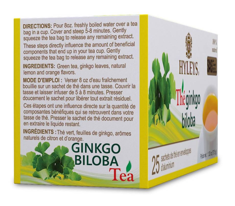 Hyleys Ginkgo Biloba Green Tea  Brain Support Blend With Citrus  100% Natural, Gluten-Free, Non-Gmo, Memory & Focus Tea  25 Tea Bags