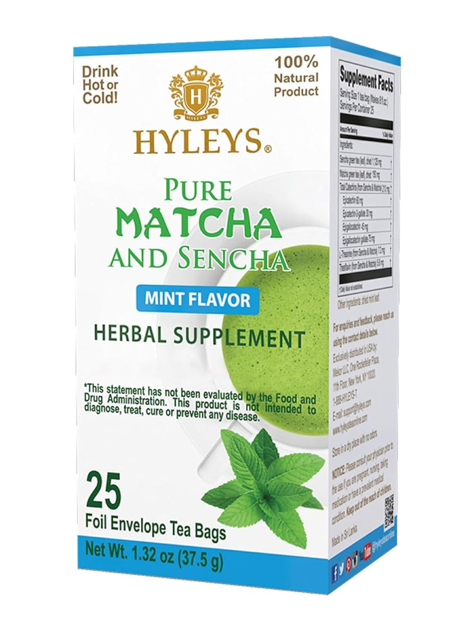 Hyleys Matcha Tea Bags With Mint - 25 Tea Bags (Japanese Pure Matcha Wellness Green Tea)