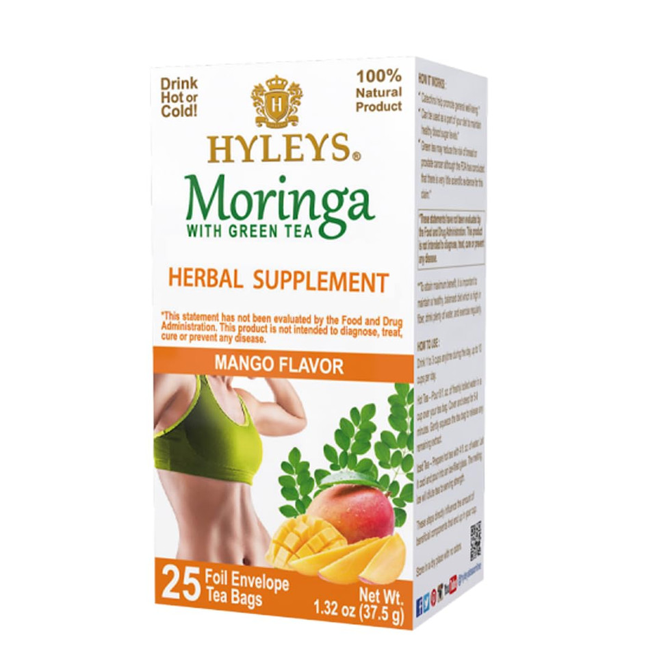 Hyleys Moringa Oleifera And Green Tea Mango Flavor - 50 Tea Bags - Superfood Miracle Tree Tea With Dried Moringa Oleifera Leaves