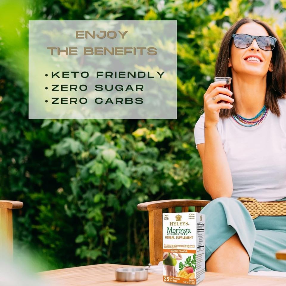 Hyleys Moringa Oleifera And Green Tea Mango Flavor - 50 Tea Bags - Superfood Miracle Tree Tea With Dried Moringa Oleifera Leaves