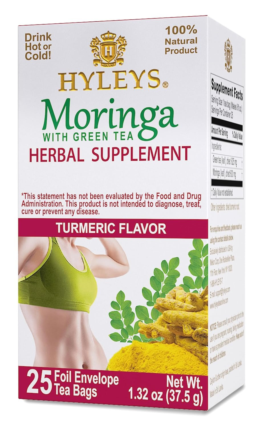 Hyleys Moringa Oleifera And Green Tea Turmeric Flavor - 25 Tea Bags - Superfood Miracle Tree Tea With Dried Moringa Oleifera Leaves