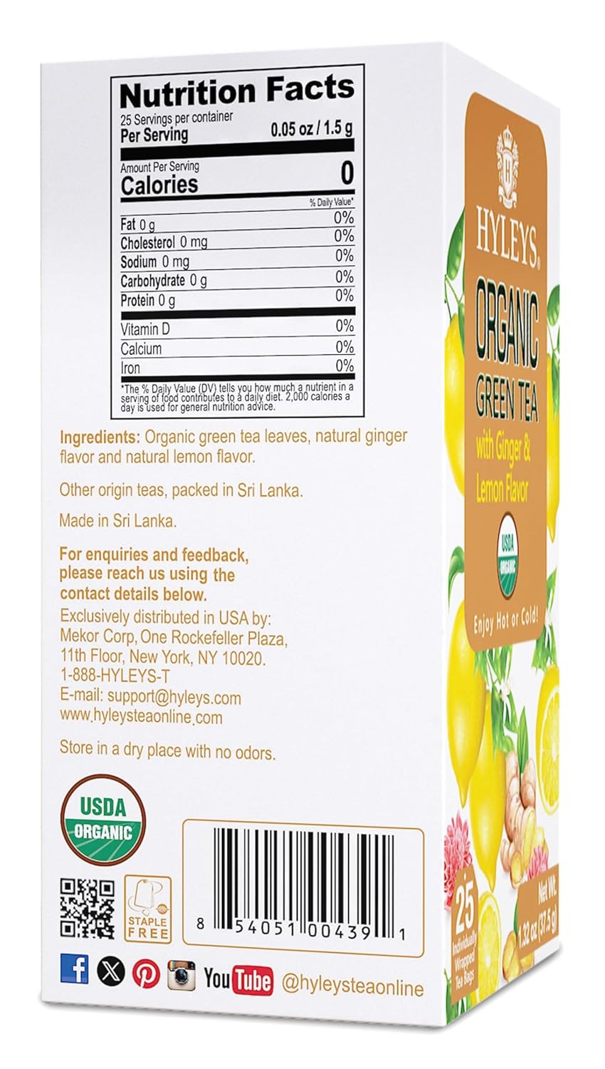 Hyleys Organic Green Tea Ginger And Lemon Flavor - 25 Tea Bags