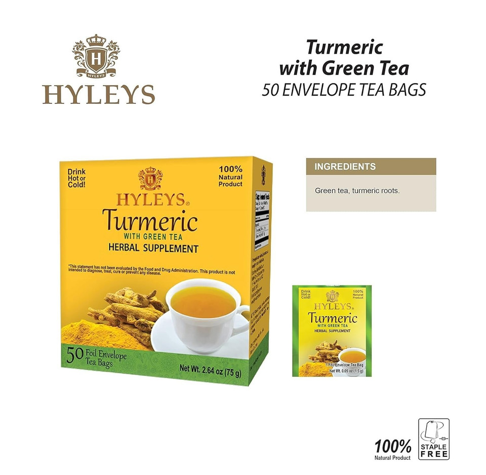 Hyleys Turmeric Tea - Original Flavor - 50 Tea Bags - Wellness Herbal Supplement