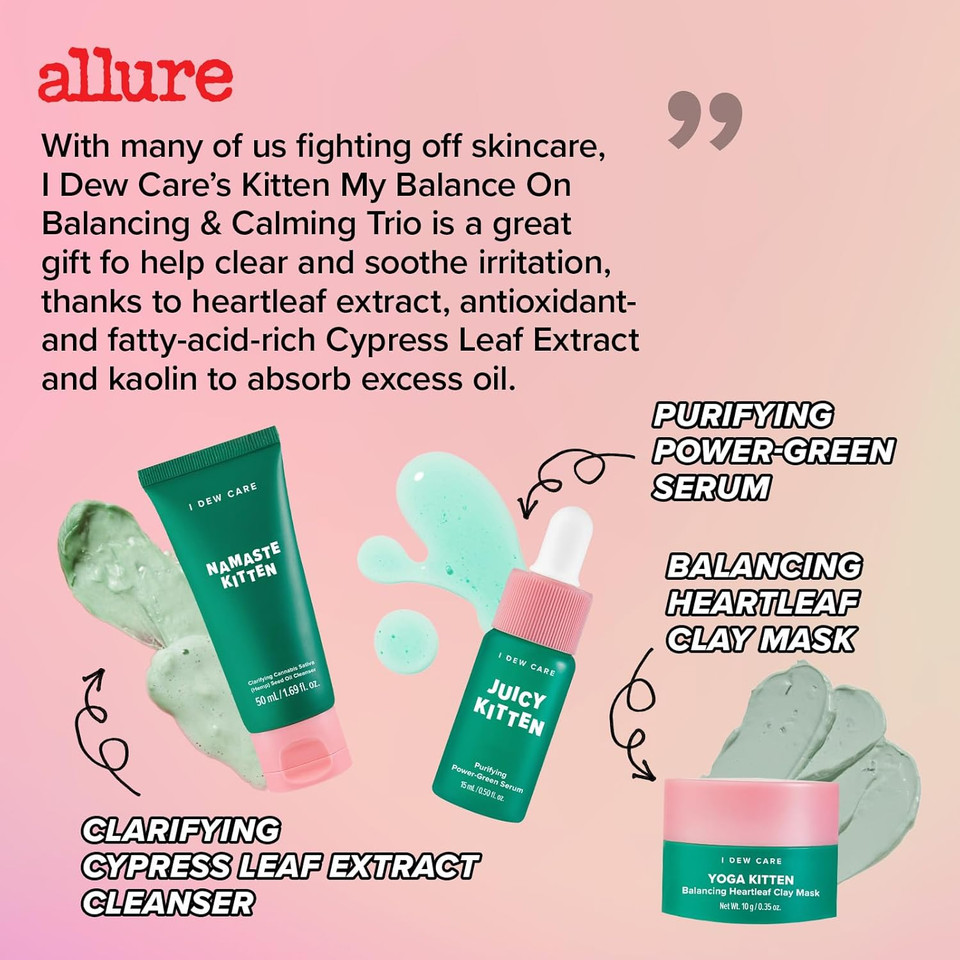 I Dew Care Blemish Heartleaf Skincare Set - Kitten My Balance On | Foam Cleanser & Wash-Off Mask & Serum, Clear And Soothe Irritation, Abosorb Excess Oil, Gentle Face Wash, Travel Size