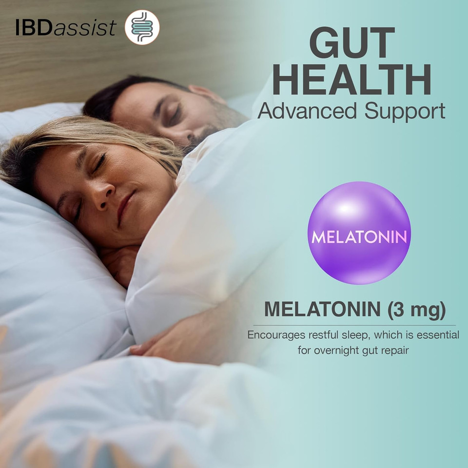 Ibdassist Gut Support Pm - Nighttime Gut Health & Digestion Supplement - Bloating Relief & Restful Sleep* - Contains Calming Herbs Like Melatonin, Chamomile, Lemon Balm, Ginger & More - 30 Capsules