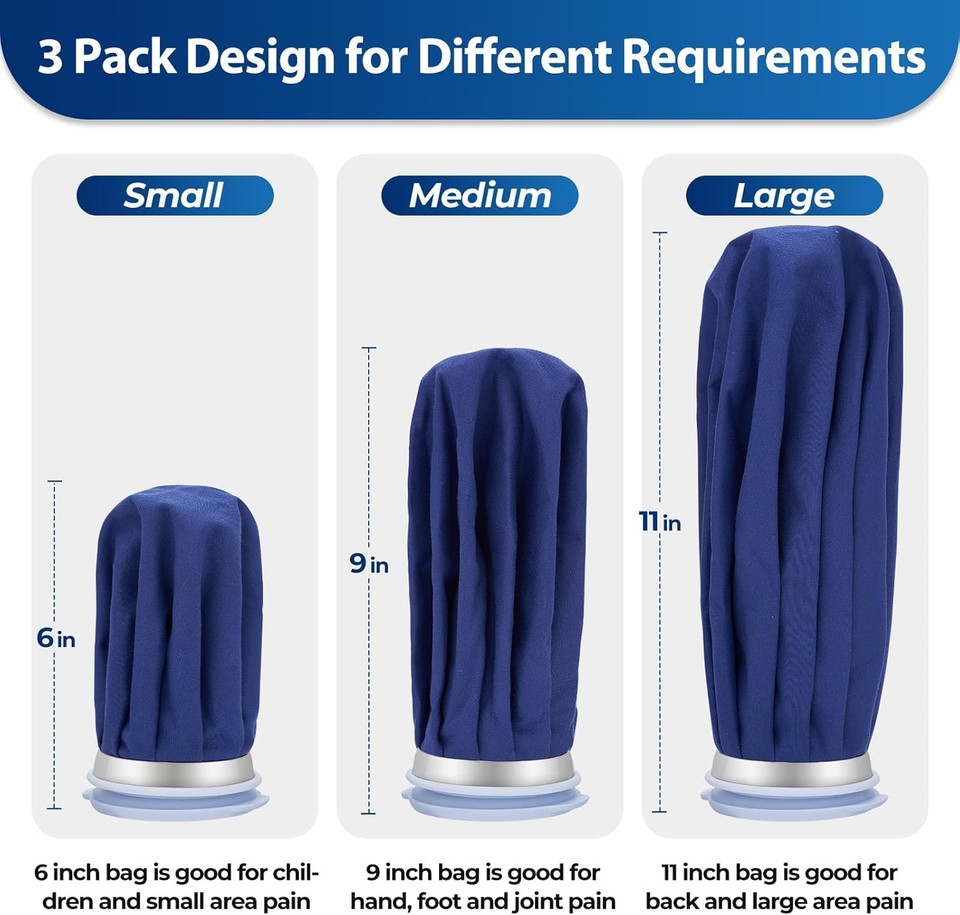 Ice Bags For Injuries Reusable: Ohuhu 3 Packs Ice Cold Packs Ice Bag Hot Water Hot & Cold Therapy Pain Relief For Knee Leg Injury No-Leak Breathable Waterproof Ice Bags 3 Sizes 6"/9"/11", Blue